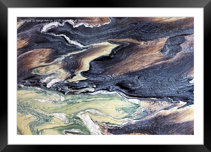 Unusual and mysterious brown, black, green and white marble texture. Polished surface. Framed Mounted Print by Sergii Petruk