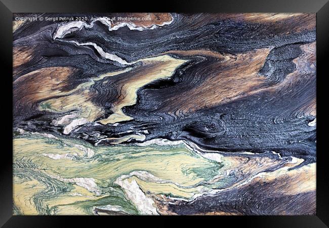 Unusual and mysterious brown, black, green and white marble texture. Polished surface. Framed Print by Sergii Petruk