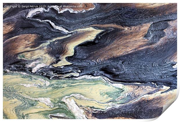 Unusual and mysterious brown, black, green and white marble texture. Polished surface. Print by Sergii Petruk