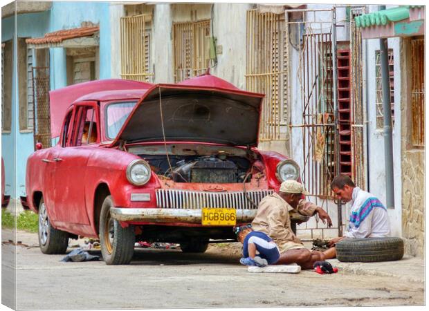 Car Trouble in Cuba Canvas Print by Tracey Turner
