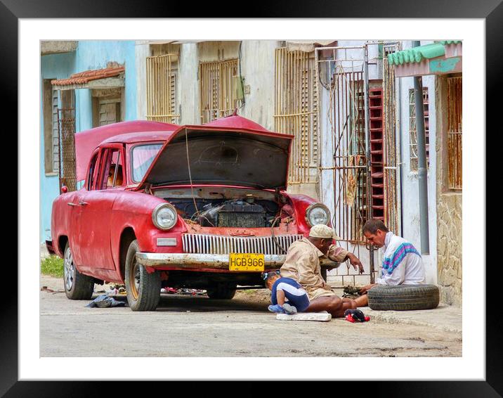 Car Trouble in Cuba Framed Mounted Print by Tracey Turner