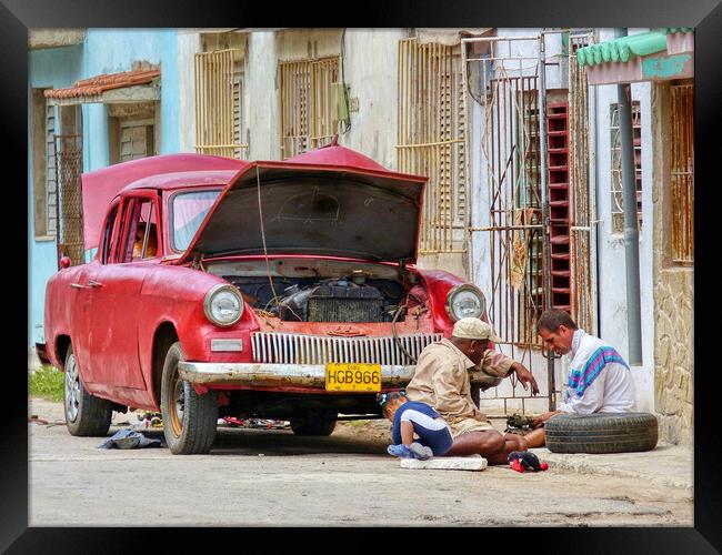 Car Trouble in Cuba Framed Print by Tracey Turner