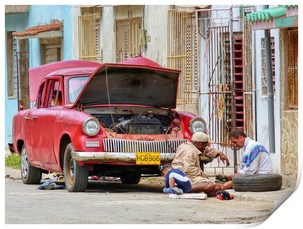 Car Trouble in Cuba Print by Tracey Turner