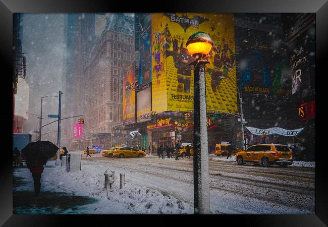 Blizzard Conditions At 42nd Street And Broadway Framed Print by Chris Lord