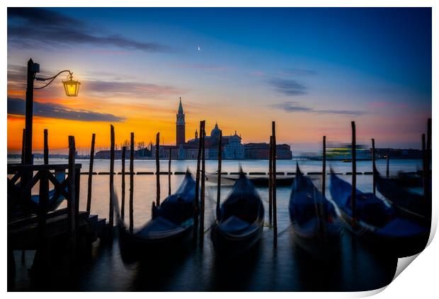 Gondolas On The Venetian Lagoon At Dawn Print by Chris Lord