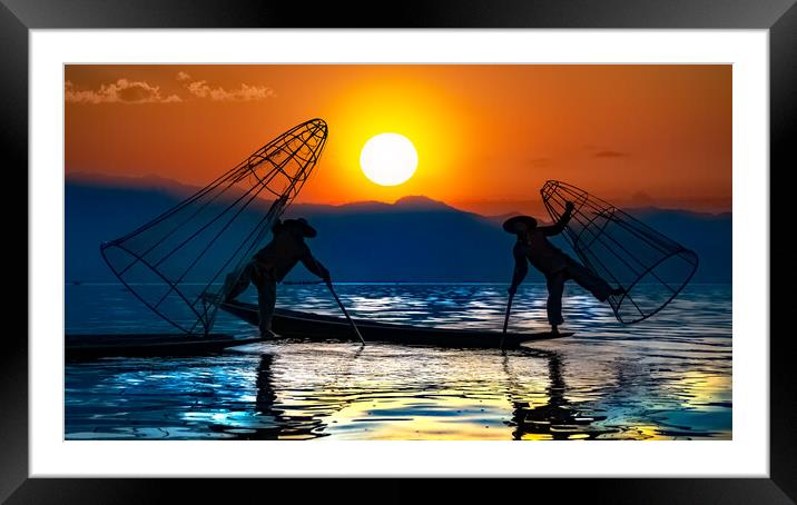 Burmese Fishermen In Silhouette Against The Sunrise Framed Mounted Print by Chris Lord