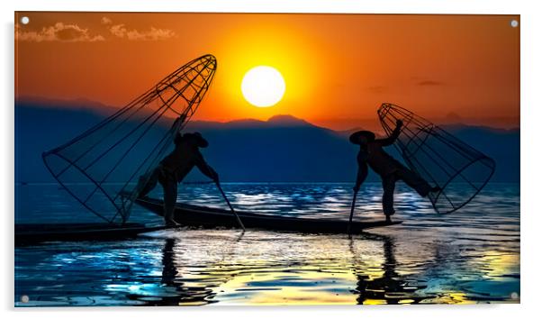 Burmese Fishermen In Silhouette Against The Sunrise Acrylic by Chris Lord