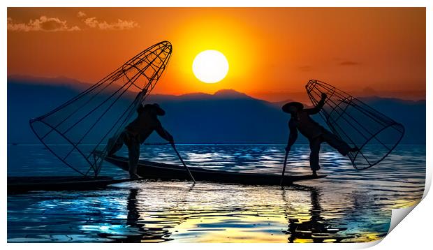 Burmese Fishermen In Silhouette Against The Sunrise Print by Chris Lord