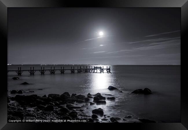 Black and White Moon Night Pier Padanaram Dartmouth Massachusetts Framed Print by William Perry