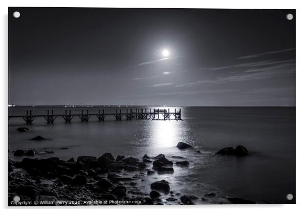 Black and White Moon Night Pier Padanaram Dartmouth Massachusetts Acrylic by William Perry