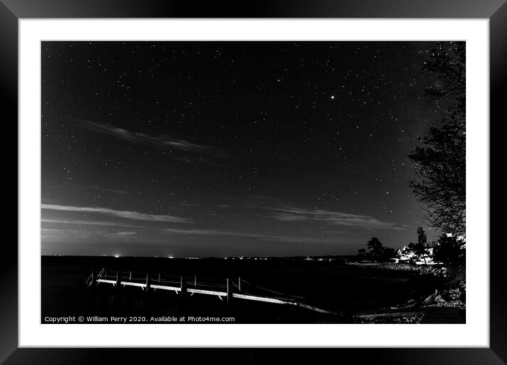 Black White Stars Night Pier Padanaram Dartmouth Massachusetts Framed Mounted Print by William Perry