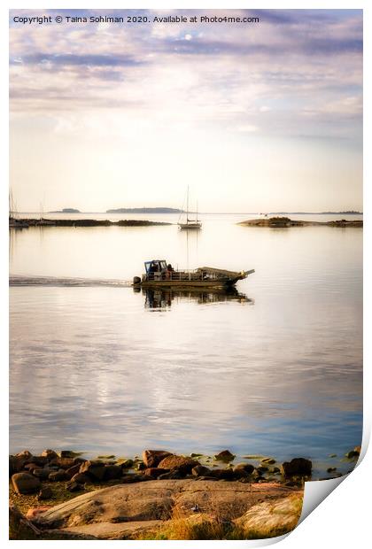 Boat Heading Out to Calm Sea Print by Taina Sohlman