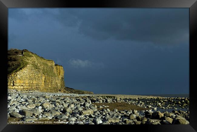 Llantwit Major Beach on a dark sky Winter evening Framed Print by Nick Jenkins