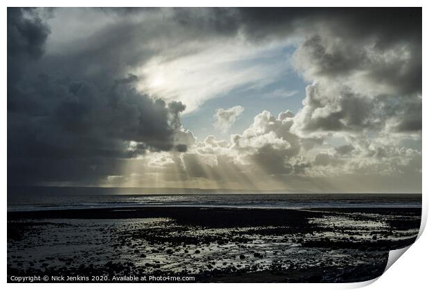 Sunrays over Llantwit Major Beach Glamorgan Herita Print by Nick Jenkins