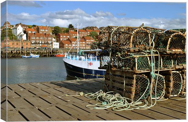 Lobster Pots and Fishing Boat in Whitby Harbour Canvas Print by graham young
