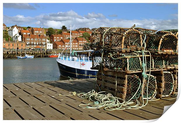 Lobster Pots and Fishing Boat in Whitby Harbour Print by graham young