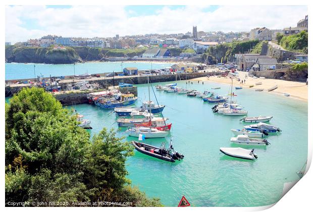 Harbour beach and Towan beach during High tide at Newquay in Cornwall. Print by john hill