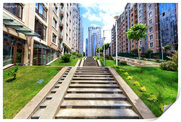 The steps of the granite stairs rise up the slope of the city street. Print by Sergii Petruk
