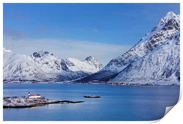 Sildpollnes Church along Austnesfjord in Winter, Lofoten Print by Arterra 