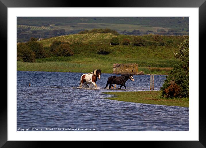 Horses leaving lake at Kenfig Framed Mounted Print by Jenny Hibbert