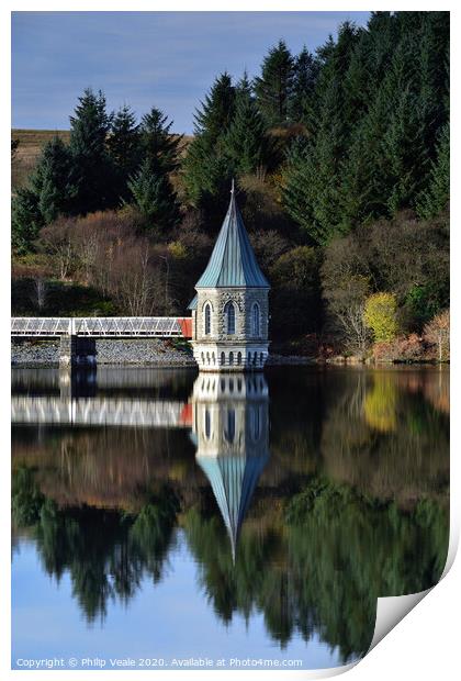 Pontsticill Reservoir Tower Reflection. Print by Philip Veale