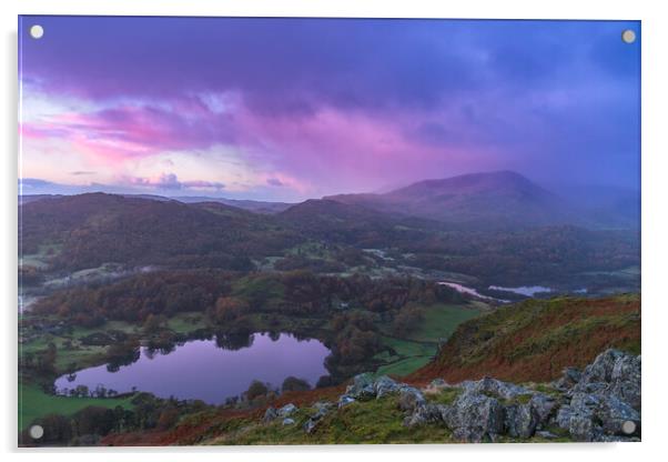 Loughrigg and Elterwater pink sunrise Acrylic by John Finney