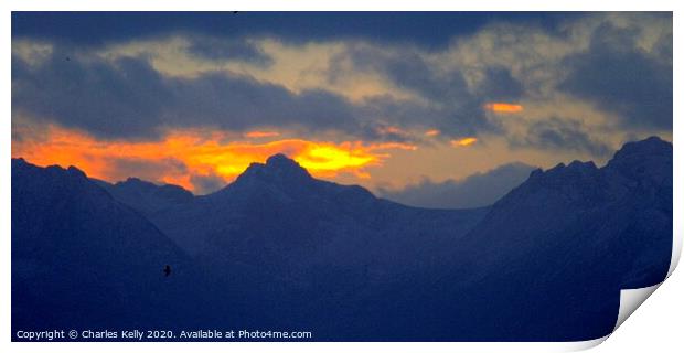 Firey Sunset over the Peaks of Arran Print by Charles Kelly