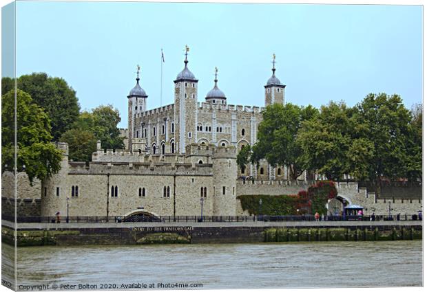 Tower of London viewed from the River Thames. Canvas Print by Peter Bolton