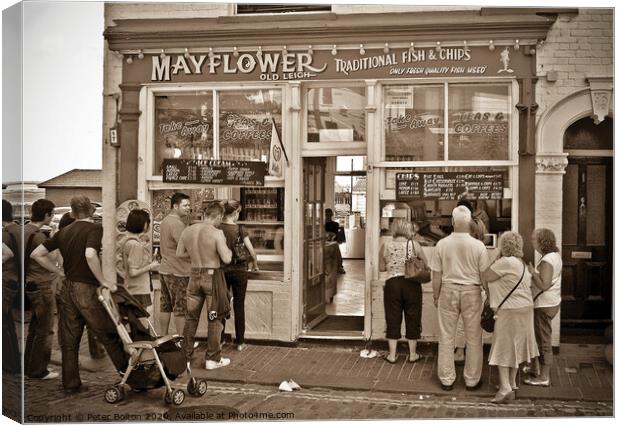 People queue outside a traditional fish and chip shop at Old Leigh, Essex. Canvas Print by Peter Bolton
