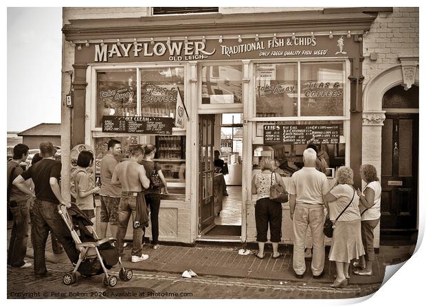 People queue outside a traditional fish and chip shop at Old Leigh, Essex. Print by Peter Bolton