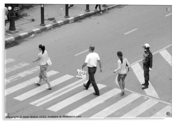People on a pedestrian crossing in Bangkok. Acrylic by Peter Bolton