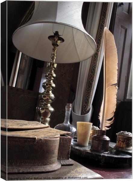 'Lamp and quill'. Studio still life photo art. Canvas Print by Peter Bolton