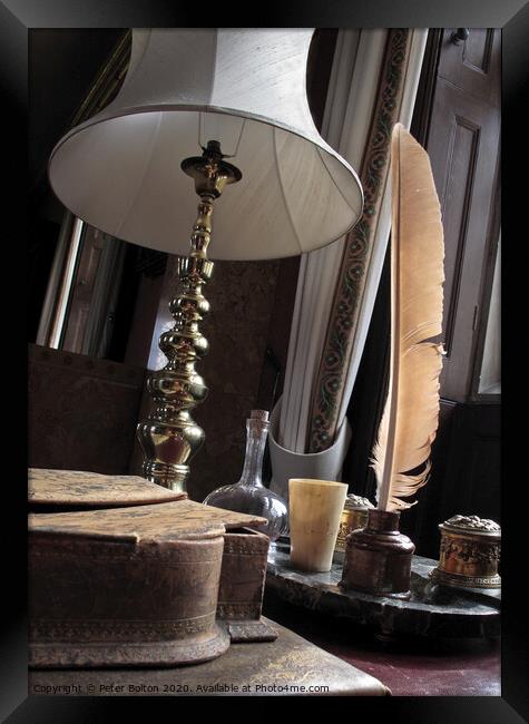 'Lamp and quill'. Studio still life photo art. Framed Print by Peter Bolton