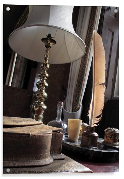 'Lamp and quill'. Studio still life photo art. Acrylic by Peter Bolton