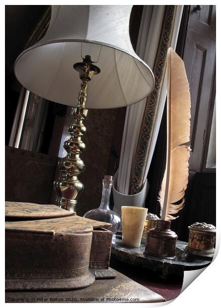 'Lamp and quill'. Studio still life photo art. Print by Peter Bolton