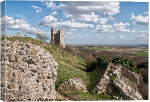 Looking from Hadleigh Castle ruins towards the Thames estuary, Essex, UK. Canvas Print by Peter Bolton