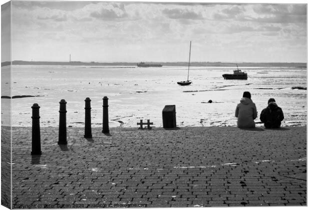 Sitting on the edge of the dock taking in the view. Old Leigh, Essex, UK. Canvas Print by Peter Bolton