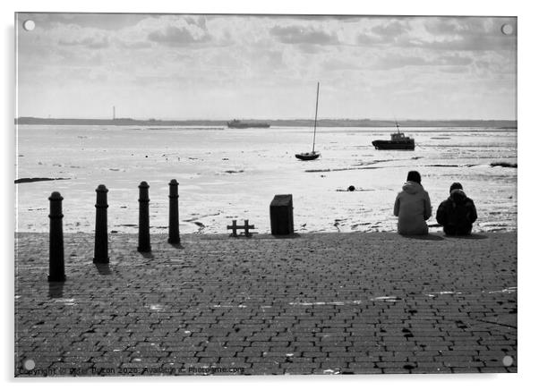 Sitting on the edge of the dock taking in the view. Old Leigh, Essex, UK. Acrylic by Peter Bolton
