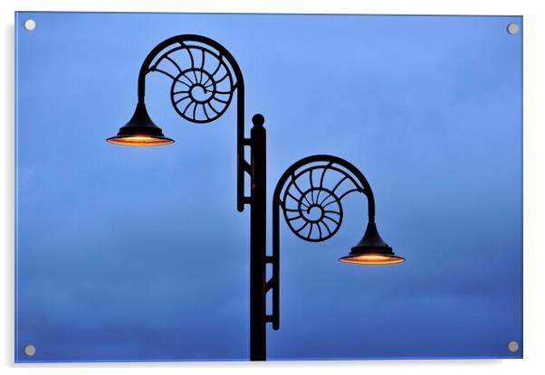 Ammonite-Design Streetlamp at Night, Lyme Regis, D Acrylic by Arterra 