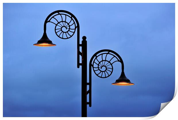 Ammonite-Design Streetlamp at Night, Lyme Regis, D Print by Arterra 