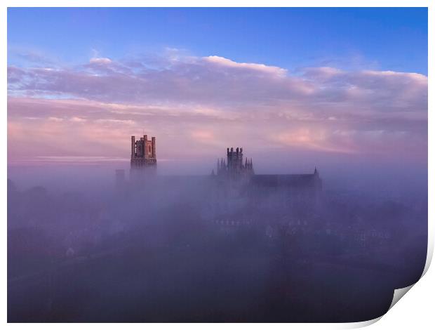 Dawn over a misty Ely Cathedral, 5th November 2020 Print by Andrew Sharpe