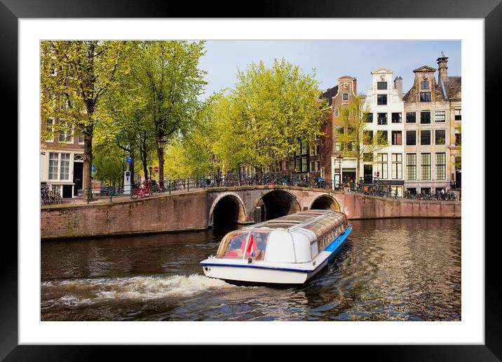 Canal Boat in Amsterdam Framed Mounted Print by Artur Bogacki