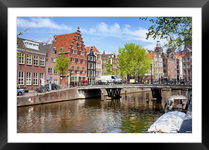 Amsterdam Canal, Bridge and Houses Framed Mounted Print by Artur Bogacki
