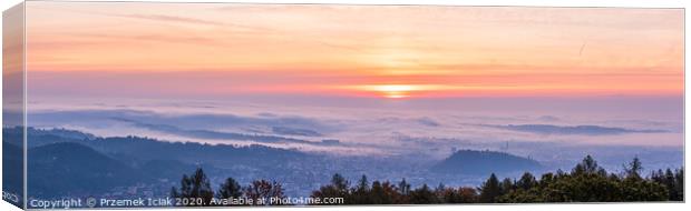 Panorama of Graz city covered if fog on autumn morning during sunraise. Canvas Print by Przemek Iciak