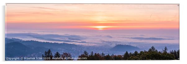 Panorama of Graz city covered if fog on autumn morning during sunraise. Acrylic by Przemek Iciak