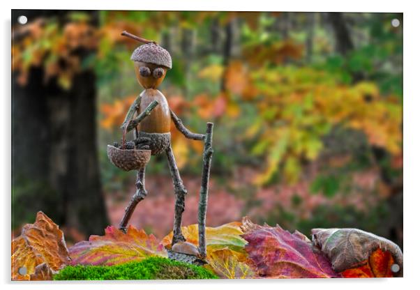 Little Acorn Man Walking in Autumn Forest Acrylic by Arterra 