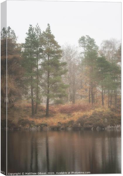 Beautiful mody Autumn Fall landscape of woodland and lake with mist fog during early morning Canvas Print by Matthew Gibson