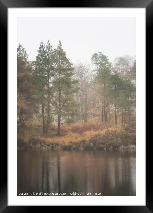 Beautiful mody Autumn Fall landscape of woodland and lake with mist fog during early morning Framed Mounted Print by Matthew Gibson
