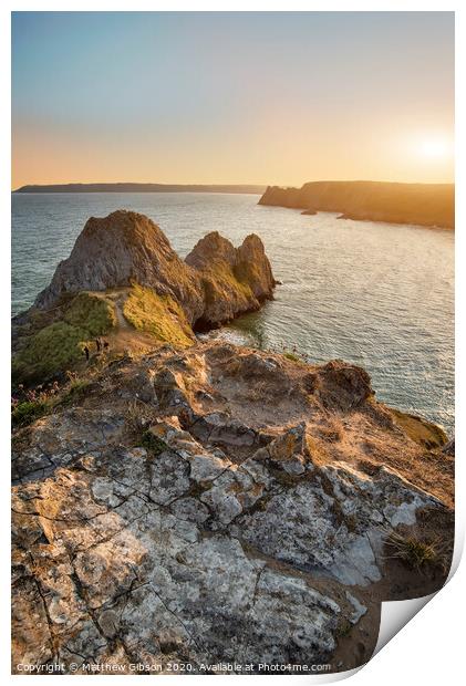 Beautiful peaceful Summer evening sunset beach landscape image at Three Cliffs Bay in South Wales  Print by Matthew Gibson