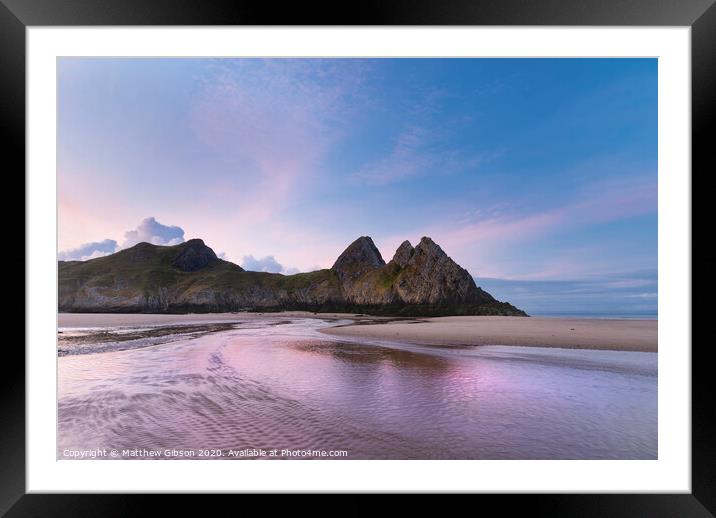 Beautiful colorful Summer sunrise landscape image of Three Cliffs Bay in South Wales Framed Mounted Print by Matthew Gibson